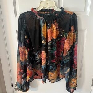 Rachel Zoe Women’s Flowy Sheer Abstract Pullover Blouse Long Sleeve